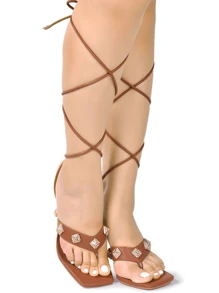 Rona Women's Rhinestone Spike Trim Strappy High Heels - Brown - View 2