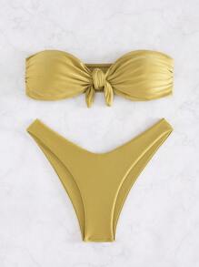 Nuevo llegado Conjunto de bikini de unicolor sexy y de moda para mujer, bandeau sin tirantes con detalle de lazo para el verano