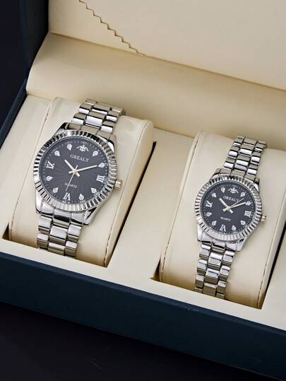 情侶時尚防水&鑽石裝飾優雅金鋼表帶,豪華精美禮盒套裝