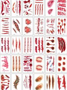 30pcs Scars & Halloween Themed Waterproof Realistic Temporary Tattoo Stickers - Red - View 1