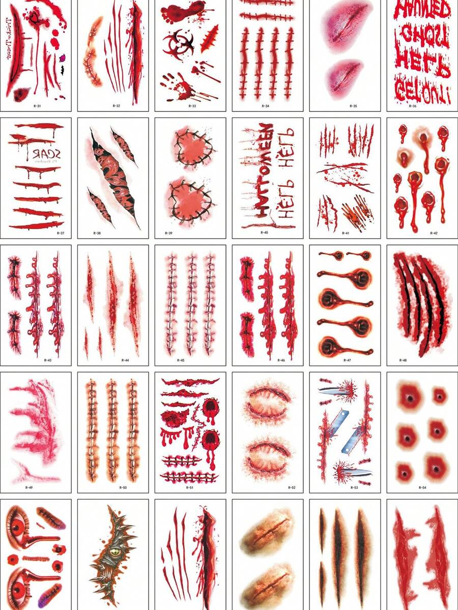 30pcs Scars & Halloween Themed Waterproof Realistic Temporary Tattoo Stickers - Red - View 1