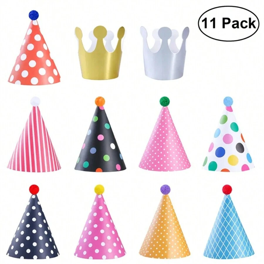 Bộ 11 chiếc mũ sinh nhật Pom Pom trang trí tiệc, vương miện & mũ chóp nón cho trang phục nhân vật chính tiệc sinh nhật - Nhiều màu - Xem 1