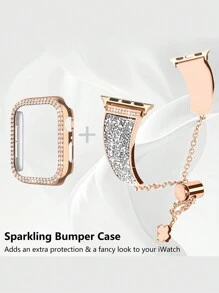 1入組閃鑽手環和手錶殼，適用於Apple Watch錶帶38mm 40mm 41mm 42mm 44mm 45mm 49mm，女性時尚金屬手鍊配鑽石保護框，適用於Apple Watch 9/8/7/SE/6/5/4/3/2/1 SE Ultra - 玫瑰金 - 查看 1