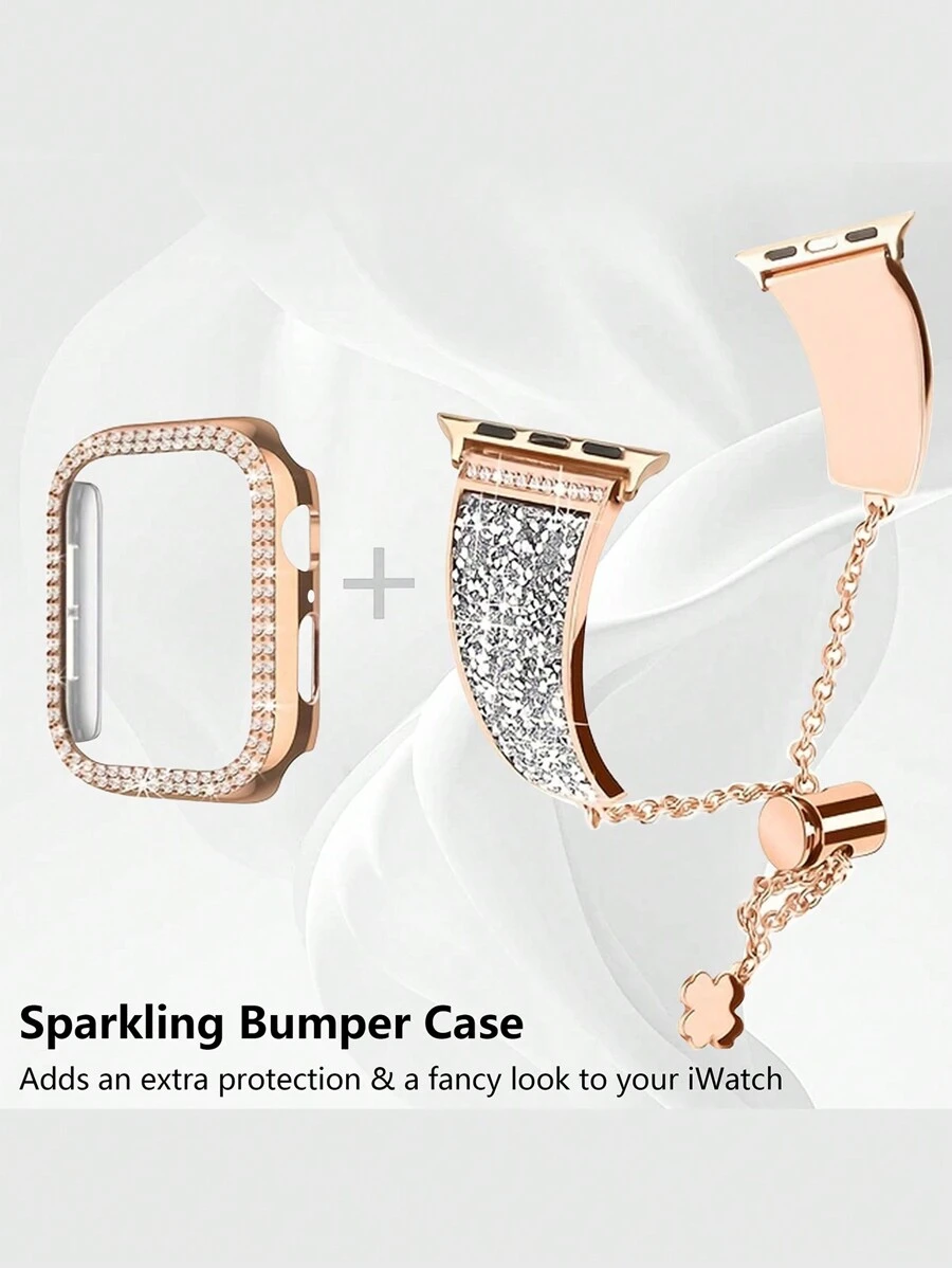 1入組閃鑽手環和手錶殼，適用於Apple Watch錶帶38mm 40mm 41mm 42mm 44mm 45mm 49mm，女性時尚金屬手鍊配鑽石保護框，適用於Apple Watch 9/8/7/SE/6/5/4/3/2/1 SE Ultra - 玫瑰金 - 查看 1