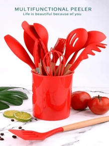 FANOVA Set Of 12 Silicone Kitchen Utensils Spatulas With Wooden Handle - 紅色 - 查看 2