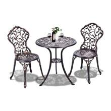 Balcony Set, Garden Set With Rose Motif, Round Garden Table With 2 Chairs, Weatherproof Garden Furniture, Made Of Cast Aluminum And Cast Iron, For Balcony Terrace Garden (Leaves) - Rust Brown - View 1