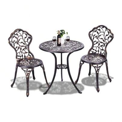 Balcony Set, Garden Set With Rose Motif, Round Garden Table With 2 Chairs, Weatherproof Garden Furniture, Made Of Cast Aluminum And Cast Iron, For Balcony Terrace Garden (Leaves)