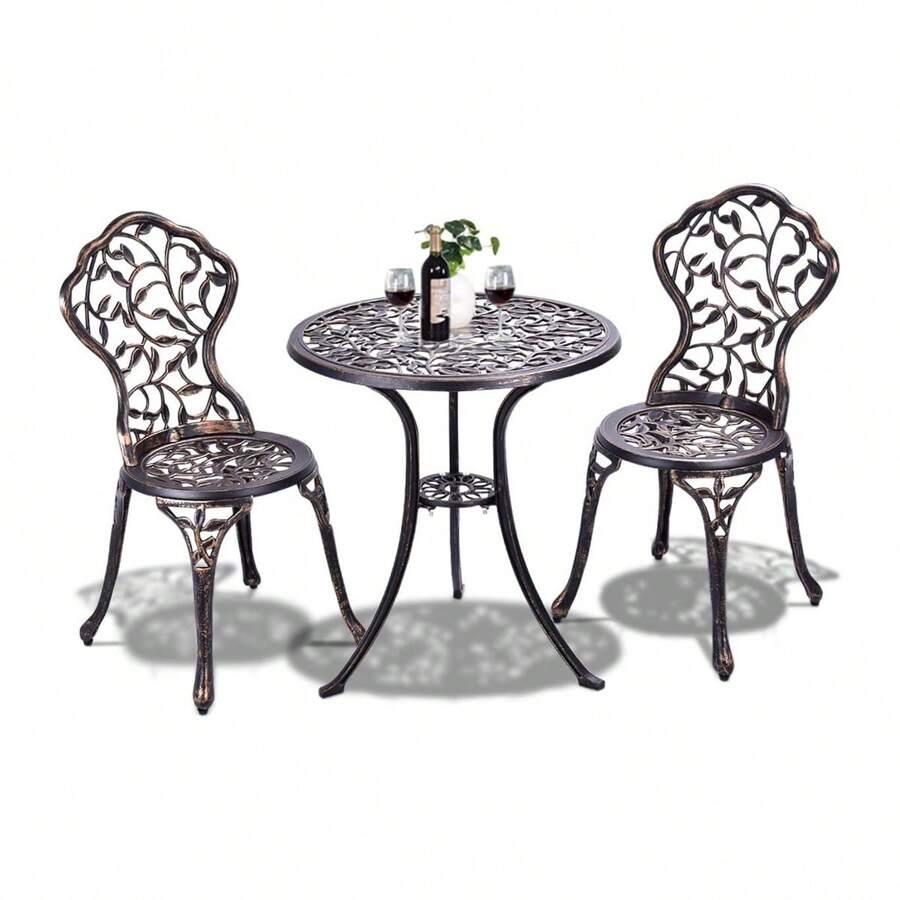 Balcony Set, Garden Set With Rose Motif, Round Garden Table With 2 Chairs, Weatherproof Garden Furniture, Made Of Cast Aluminum And Cast Iron, For Balcony Terrace Garden (Leaves) - Rust Brown - View 1