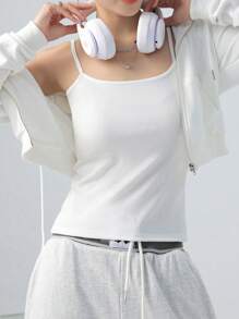 女士吊带背心，基础款透气弹力罗纹针织细肩带背心，可外穿 - 白色 - 查看 1