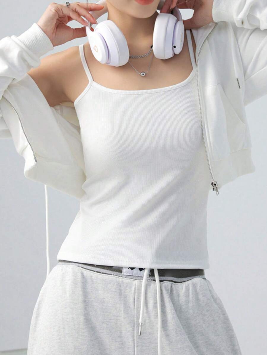 女士吊带背心，基础款透气弹力罗纹针织细肩带背心，可外穿 - 白色 - 查看 1