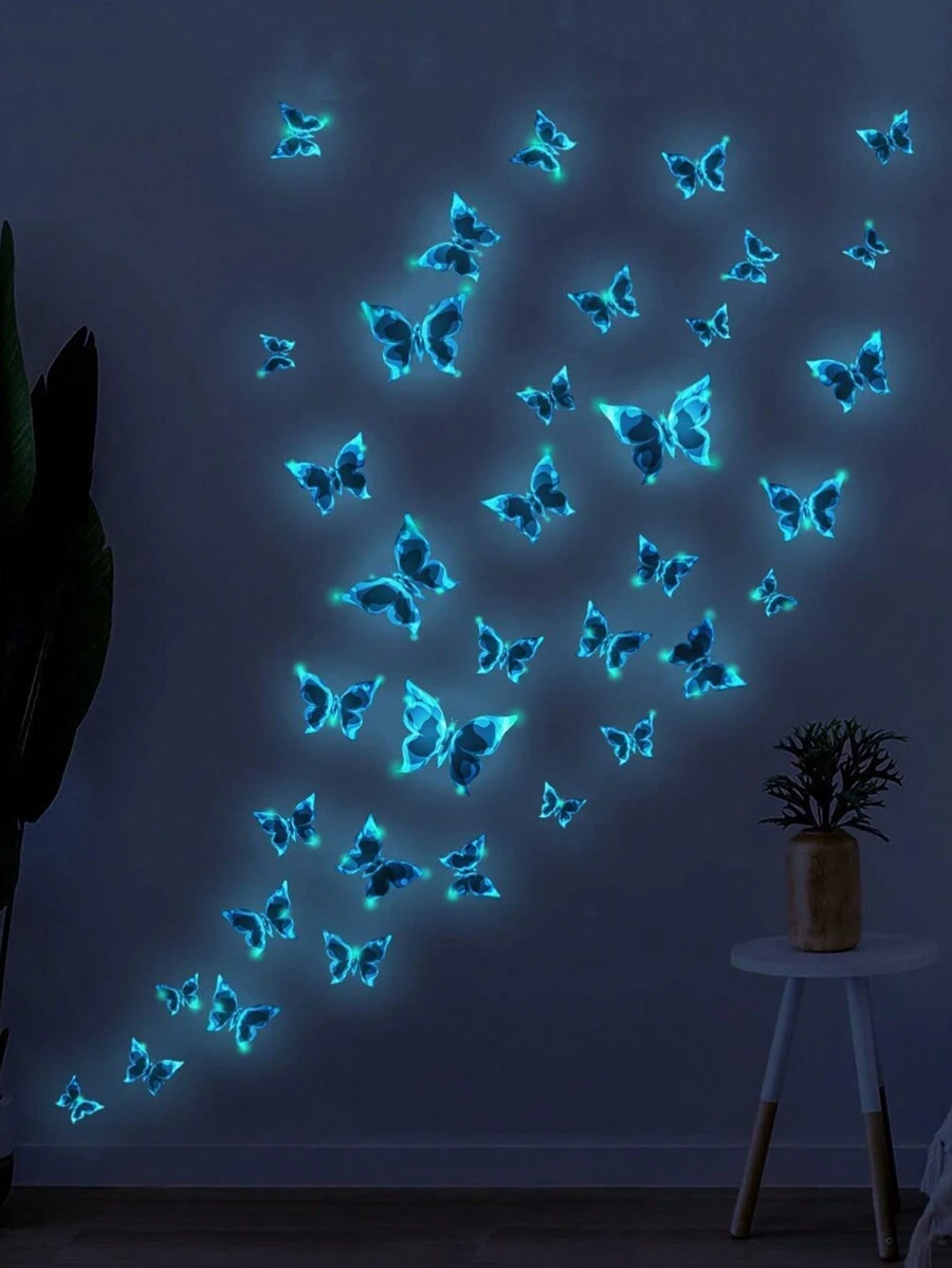 1set Glow Butterfly Wall Decals Blue Luminous Butterfly Glow In The Dark Wall Stickers DIY Decor For Kid Girl Bedroom Bathroom Decorations (Five Sets Of Main Image Effects Need To Be Purchased), Stickers, Wall Decal, Vinyl Decal For Home Decorations, Spring Decoration Items Refresh Your Home, Festival Decoration Stickers Gifts Birthday Graduation