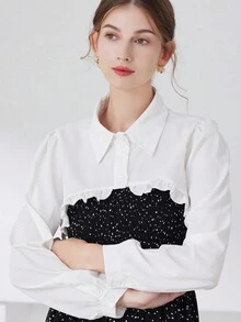 1 件女式時尚下擺荷葉邊長袖斗篷上衣半襯衫式假領,白色短款上衣 - 白色 - 查看 6