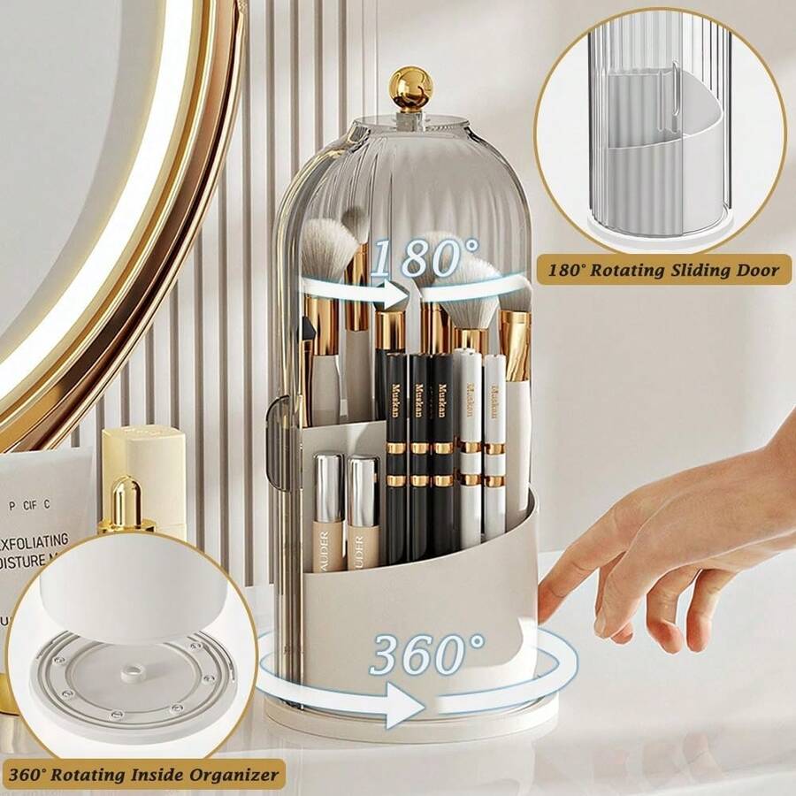 化妝刷架收納帶蓋,360°旋轉化妝刷收納盒,5投幣口製作畫筆杯子適用於化妝品,指甲油,美術用品,浴室桌面收納