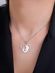 1pc Women's Elegant Stainless Steel Hollow Out Heart Cat Pendant Necklace, Cute Animal Fashion Jewelry Gift