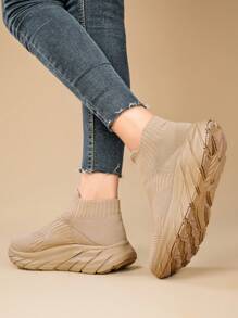 New Arrival Women's Knit Breathable Sneakers, Lightweight Non-Slip Soft Bottom Casual Running Shoes For Couples - Khaki - View 5