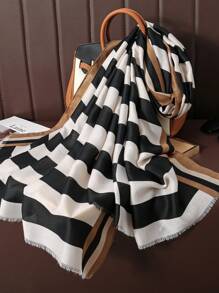 1pc Women's Multicolor Striped Print Simple Style Scarf For Autumn, Fashionable Accessory - Black and White - View 3