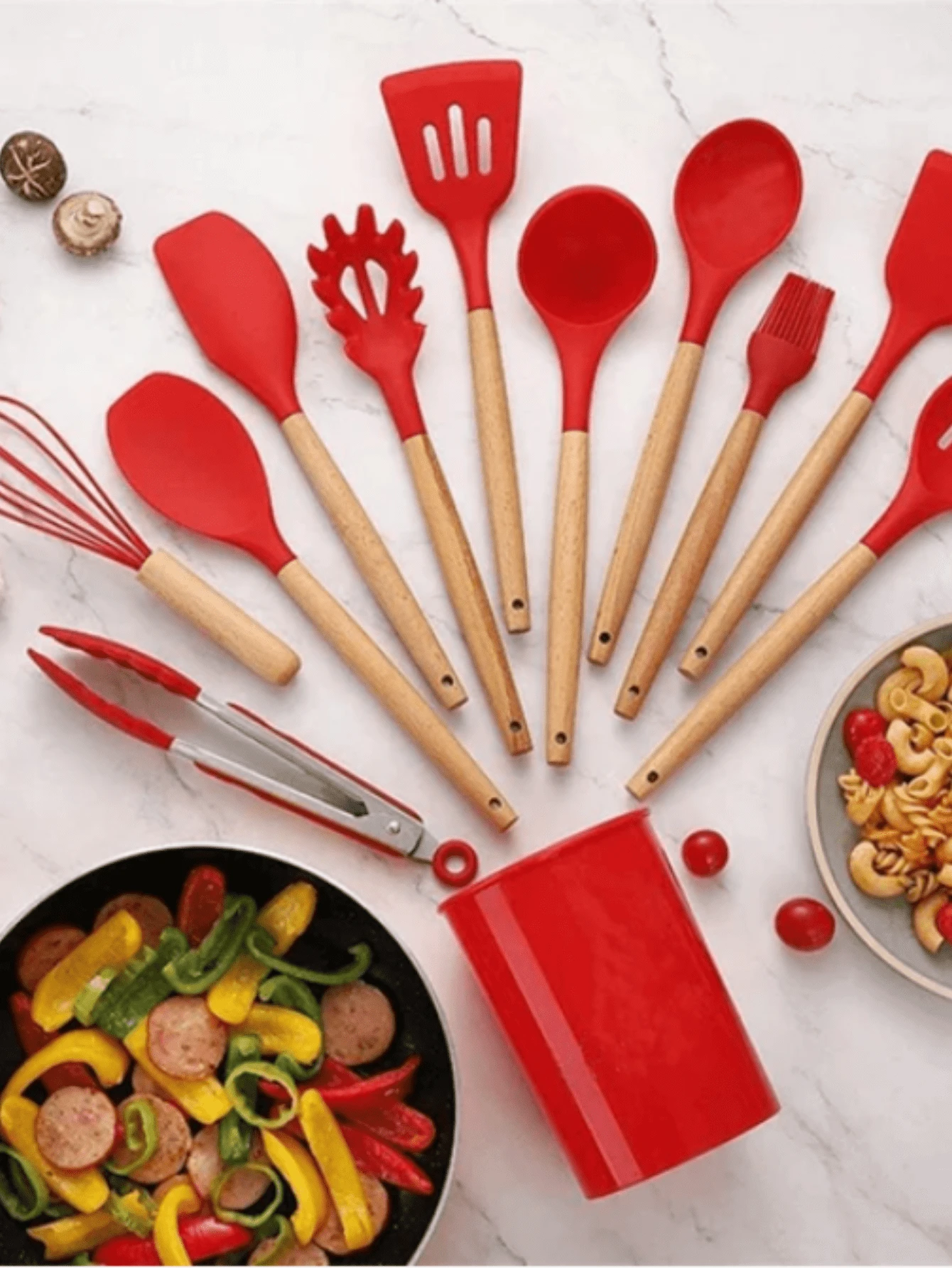 FANOVA Set Of 12 Silicone Kitchen Utensils Spatulas With Wooden Handle - 紅色 - 查看 1