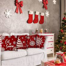 4入组/套聖誕節快樂滌綸抱枕殼套,雪方形軟墊殼套,靠枕類套適用於戶外客廳臥室長沙發沙發,家庭裝飾房間裝飾派對裝飾單方面的圖案枕芯 - 紅色 - 查看 2