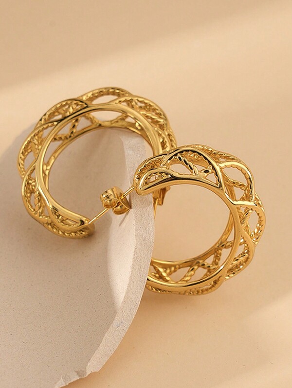 1 paio Orecchini circolari raro creativo in acciaio inossidabile placcato oro 18K mesh a forma di C per donne , adatto per usura quotidiana