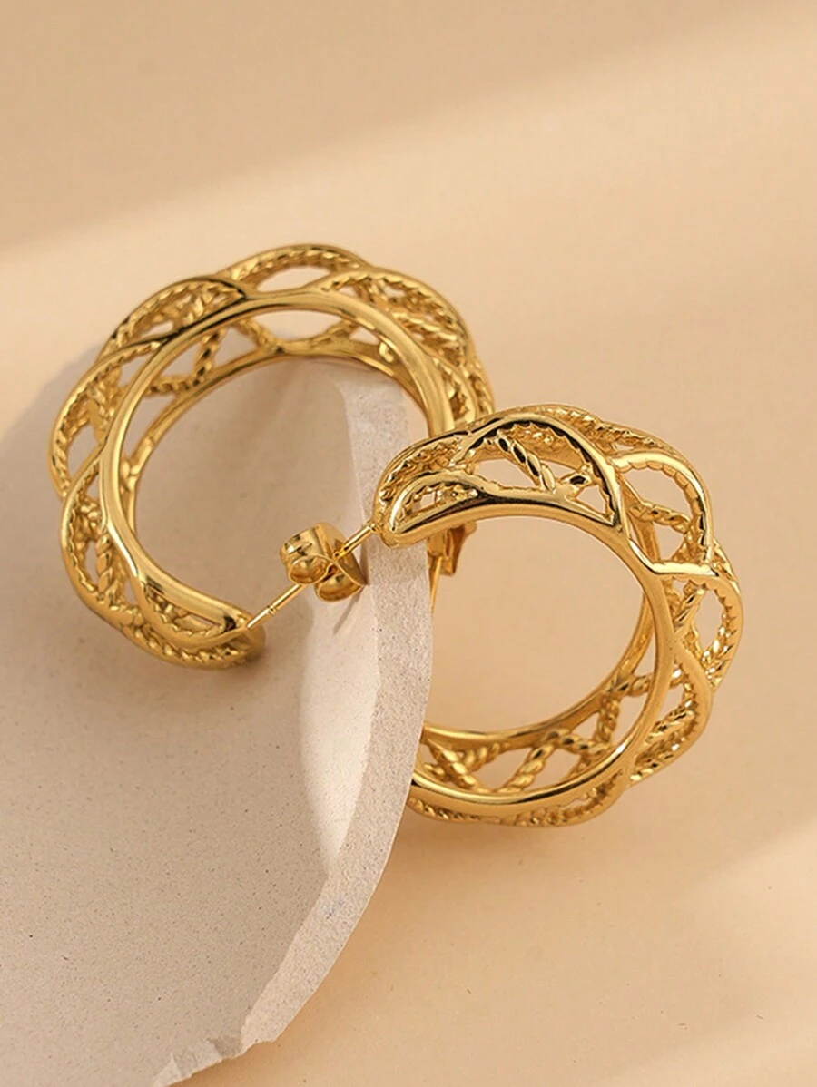 1 paio Orecchini circolari raro creativo in acciaio inossidabile placcato oro 18K mesh a forma di C per donne , adatto per usura quotidiana