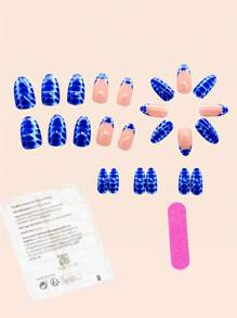 使用 24入組中型杏仁白法式藍色棋盤格全覆蓋女式和女孩假指甲立即升級您的造型 - 彩色 - 查看 2