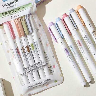 1set/5pcs Double-Head Dual-Use Highlighter Pen Back To School