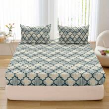 3入組多色印花床上用品套裝,透氣柔軟,適用於主人房和客房-包括1張床單和2個枕套(不含插芯) - 青碧色 - 查看 1