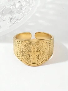 1入組鈦鋼聖本篤勳章寬戒指，適合日常佩戴，男女皆宜，休閒復古風格 - 金黃色 - 查看 2