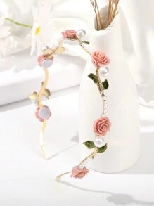 1pc Rose Pink Color Flower Floral And Faux Pearl Embellished Headband Boho Tiaras Elegant Boho Hair Accessories Valentine's Day,Hairband,Hair Hoop Headbands