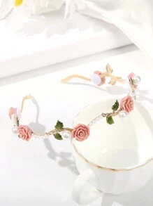 1pc Rose Pink Color Flower Floral And Faux Pearl Embellished Headband Boho Tiaras Elegant Boho Hair Accessories Valentine's Day,Hairband,Hair Hoop Headbands