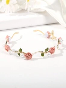 1pc Rose Pink Color Flower Floral And Faux Pearl Embellished Headband Boho Tiaras Elegant Boho Hair Accessories Valentine's Day,Hairband,Hair Hoop Headbands