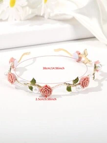 1pc Rose Pink Color Flower Floral And Faux Pearl Embellished Headband Boho Tiaras Elegant Boho Hair Accessories Valentine's Day,Hairband,Hair Hoop Headbands