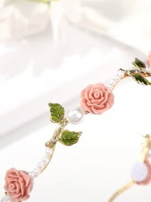 1pc Rose Pink Color Flower Floral And Faux Pearl Embellished Headband Boho Tiaras Elegant Boho Hair Accessories Valentine's Day,Hairband,Hair Hoop Headbands