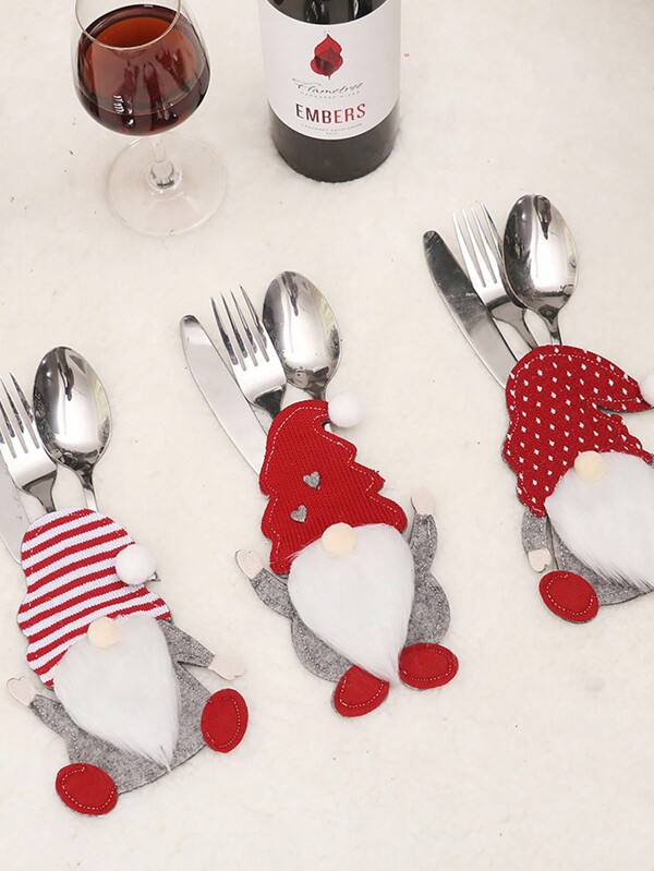 1-teiliges Weihnachtsdekorations-set Mit Hut Und Gabel Für Alte Männer, Geschirr-set Für Gesichtslose Puppen Und Gabel-tasche, Schälchen, Weihnachtswichtel-geschirrhalter, Besteckhalter, Taschen-set, Messer, Löffel, Gabel, Taschen, Beutel, Dekor, Gesichtslose Puppe, Besteckhalter Für Küchen-esstischdekorationen