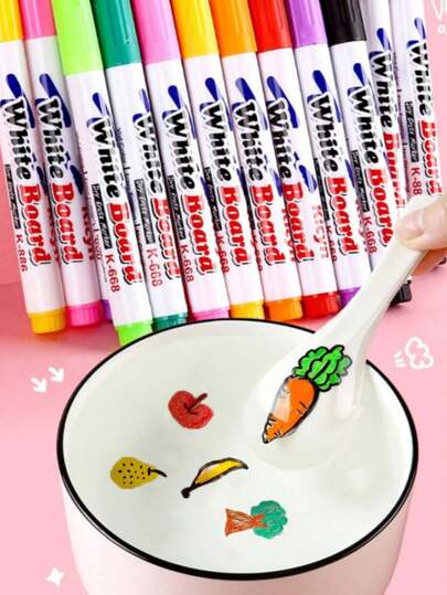 8pcs 8colorsMagical Water Painting Pen Whiteboard Markers Floating Water Drawing Colorful Mark Pen Whiteboard Pen Large Capacity Pen(Does Not Contain A Spoon) Back To School