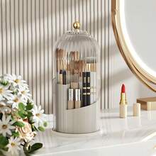 化妝刷架收納帶蓋,360°旋轉化妝刷收納盒,5投幣口製作畫筆杯子適用於化妝品,指甲油,美術用品,浴室桌面收納 - 白色(透明蓋) - 查看 8