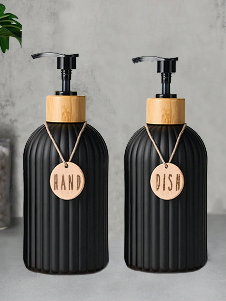3件組 2件套 500ml 條紋洗手液與洗碗精分裝瓶，浴室與廚房裝飾 - 黑色 - 查看 1