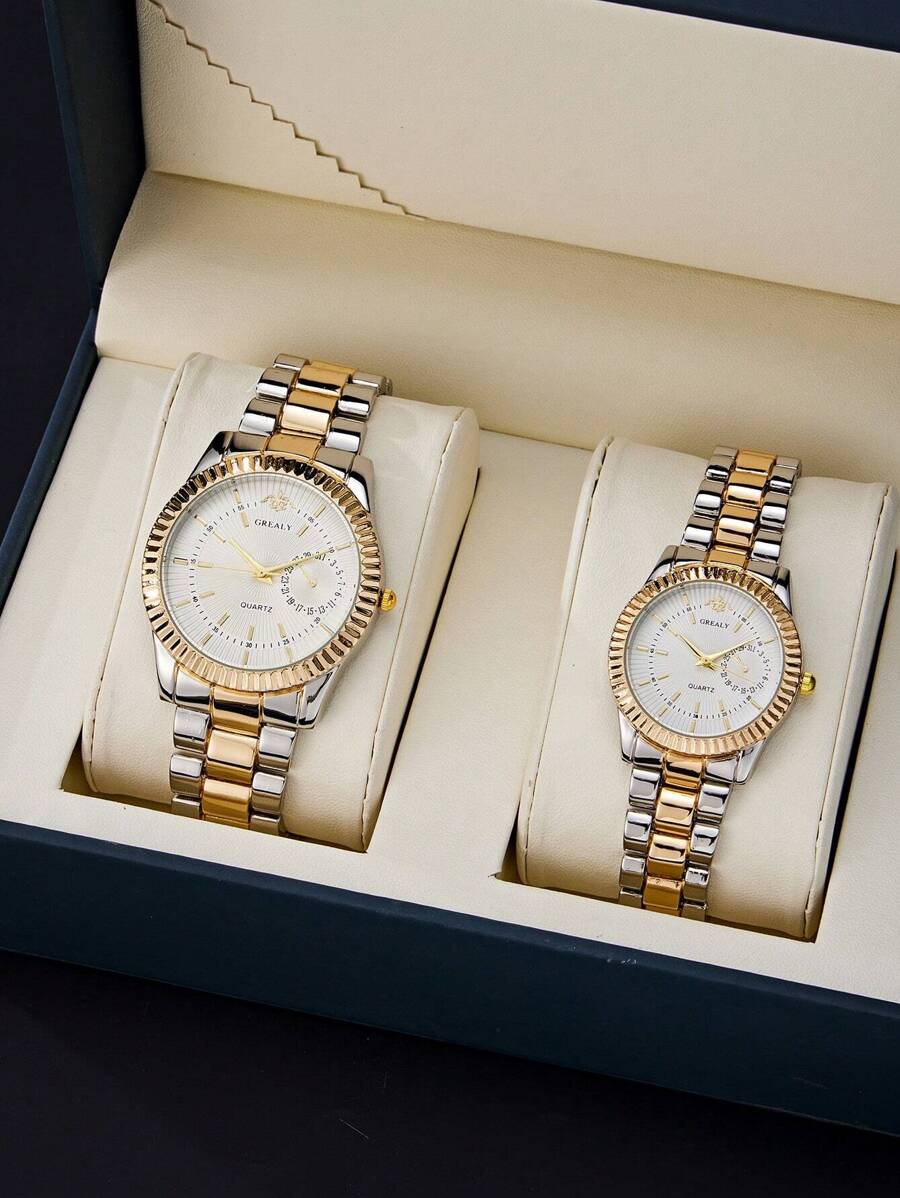 Thời trang Cặp đôi Đồng hồ Đeo tay Làm Việc  Nam NỮ Cặp đôi Bộ Không thấm nước Nhỏ bé Và Lớn Váy rộng Trưng bày Đồng hồ Quay số Thanh lịch Vàng Lãng mạn Thạch anh Thép không gỉ Không thấm nước Đồng hồ Đeo tay Qủa tặng - Vàng - Xem 1