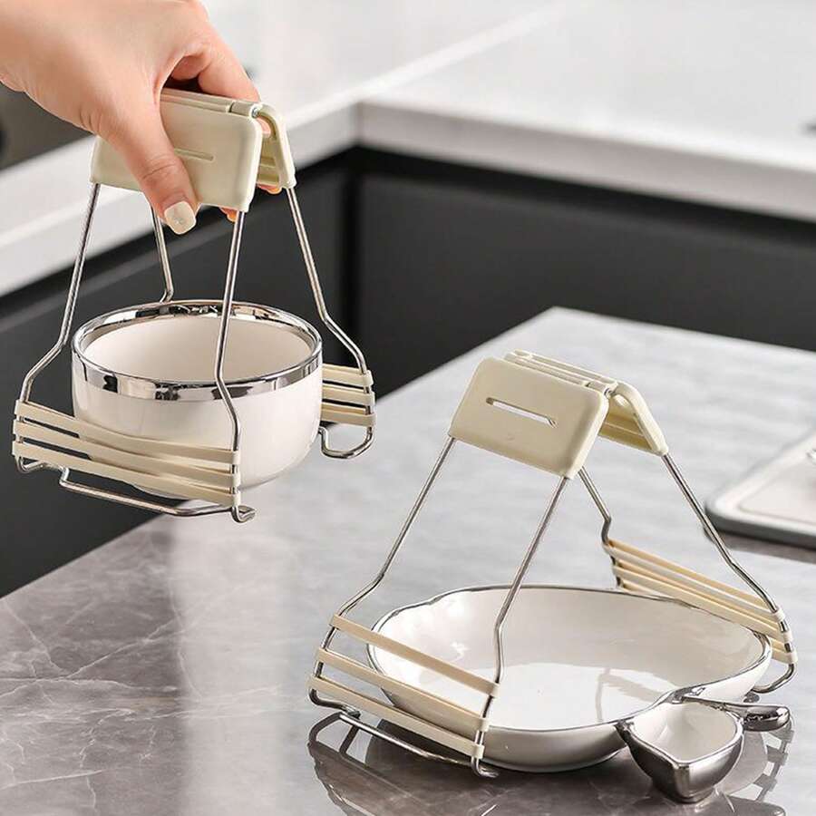 1pc Stainless Steel Anti-Scalding Bowl Holder With Non-Slip Silica Gel Handle For Kitchen Use - Apricot - View 1