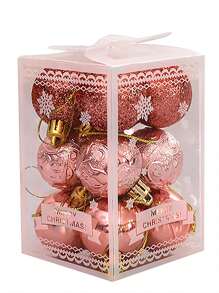 12 件/盒装饰圣诞球 DIY 塑料闪光套装树吊坠装饰颜色适用于客厅新年派对 - 粉色 - 查看 4