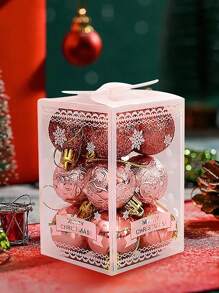 12 件/盒装饰圣诞球 DIY 塑料闪光套装树吊坠装饰颜色适用于客厅新年派对 - 粉色 - 查看 2