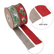 新風格圖案聖誕樹&小鹿亚麻緞帶禮品包裝絲帶(帶金屬絲) - 紅色 - 查看 3