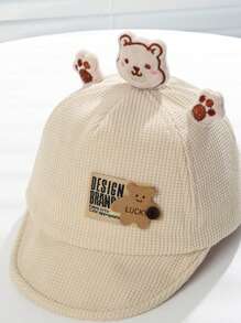 1件中性嬰兒棒球帽，卡通3D熊設計，加厚厚實，適用於秋冬季節 - 米色 - 查看 4