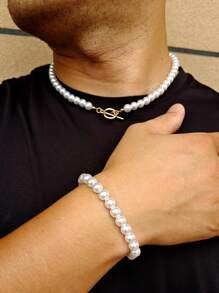 Faux Pearl Necklace Bracelet Set For Men Fashion Jewelry