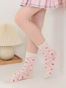 5 đôi tất trẻ em gái, sọc hồng và họa tiết trái tim, tất cổ tròn mềm mại, thoải mái, dễ thương, thích hợp để mặc hàng ngày vào mùa thu/đông hoặc làm quà tặng ngày lễ tình nhân - Nhiều màu - Xem 4