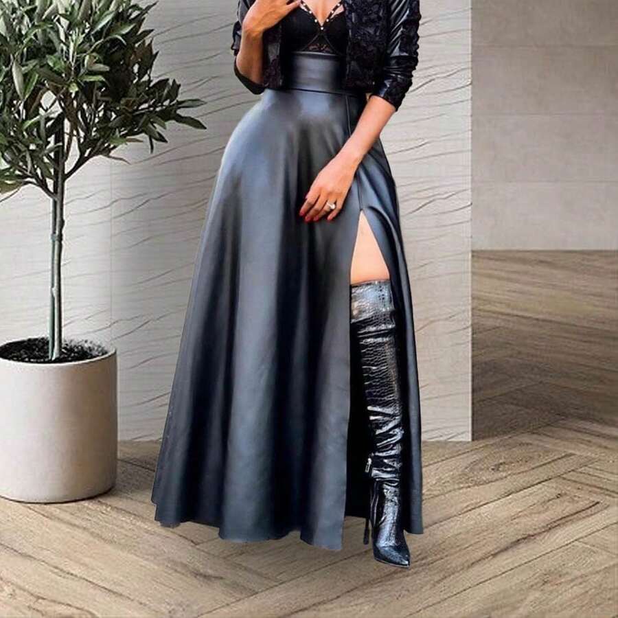 High-Waisted Skirt With Thigh Opening In Vinyl Leather