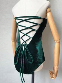 One Piece Green Velvet Halloween Bodysuit With Strapless Detail - Dark Green - View 3