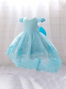 女婴缎面薄纱拖尾蓬蓬裙，后背蝴蝶结装饰，优雅大方，适合生日派对穿着，不含发带 - 藍色 - 查看 3