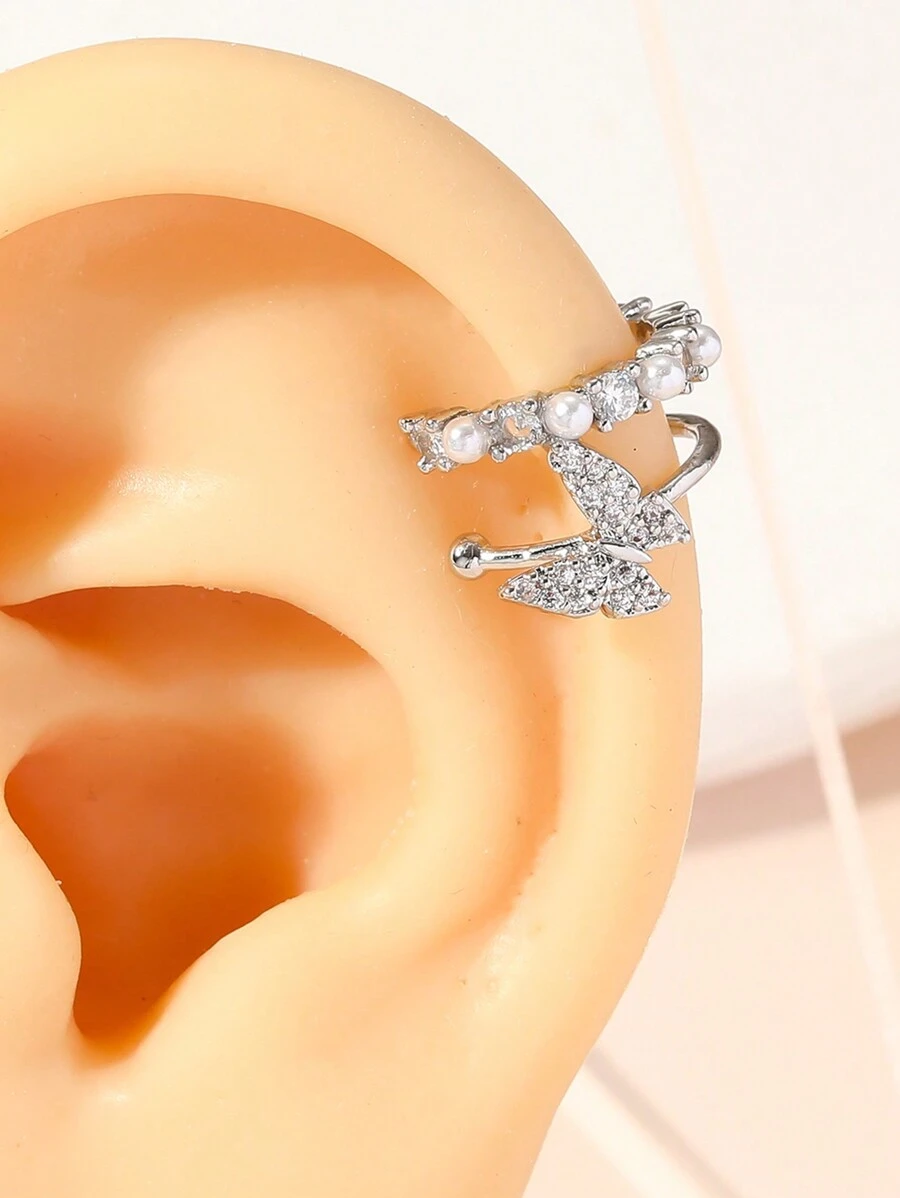 1個時尚精美的蝴蝶、立方氧化鋯和人造珍珠耳插夾耳環,獨特的設計和多功能風格,適合女性 - 銀色 - 查看 1