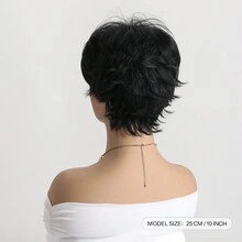 女性時尚自然蓬松短髮10英寸韓版斜劉海黑色玩偶發型假髮,適合日常穿著 - 黑色 - 查看 6